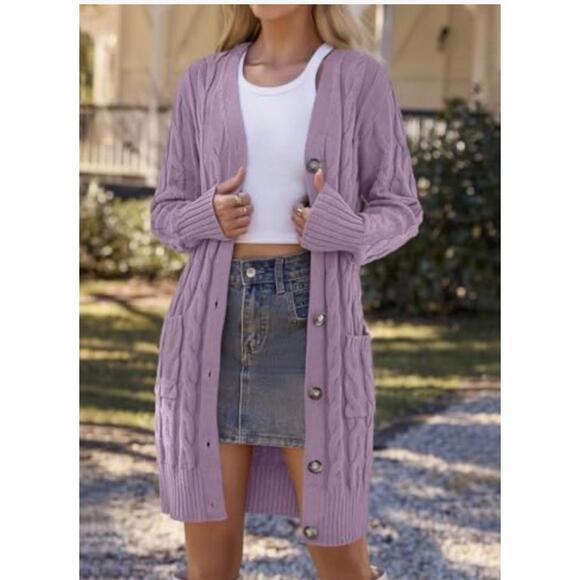Women Autumn V Neck Elegant Knitted Sweater Button Cardigan. Purple. Pockets L - Picture 3 of 10